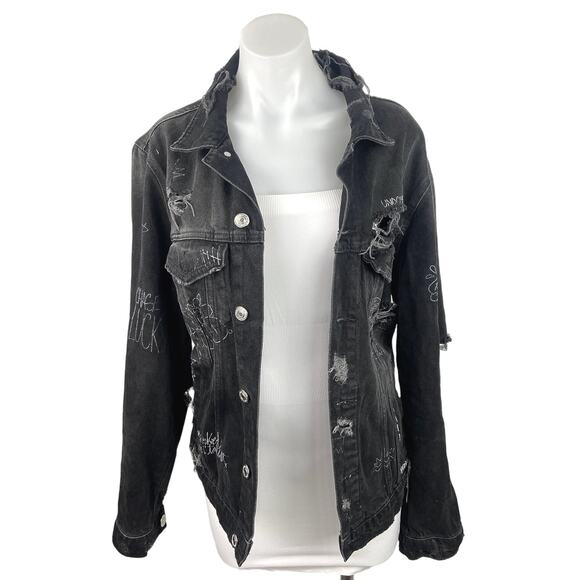 Zara Black Denim Graffiti Illustration Graphic Distressed Jean Jacket Sz M - Picture 2 of 7